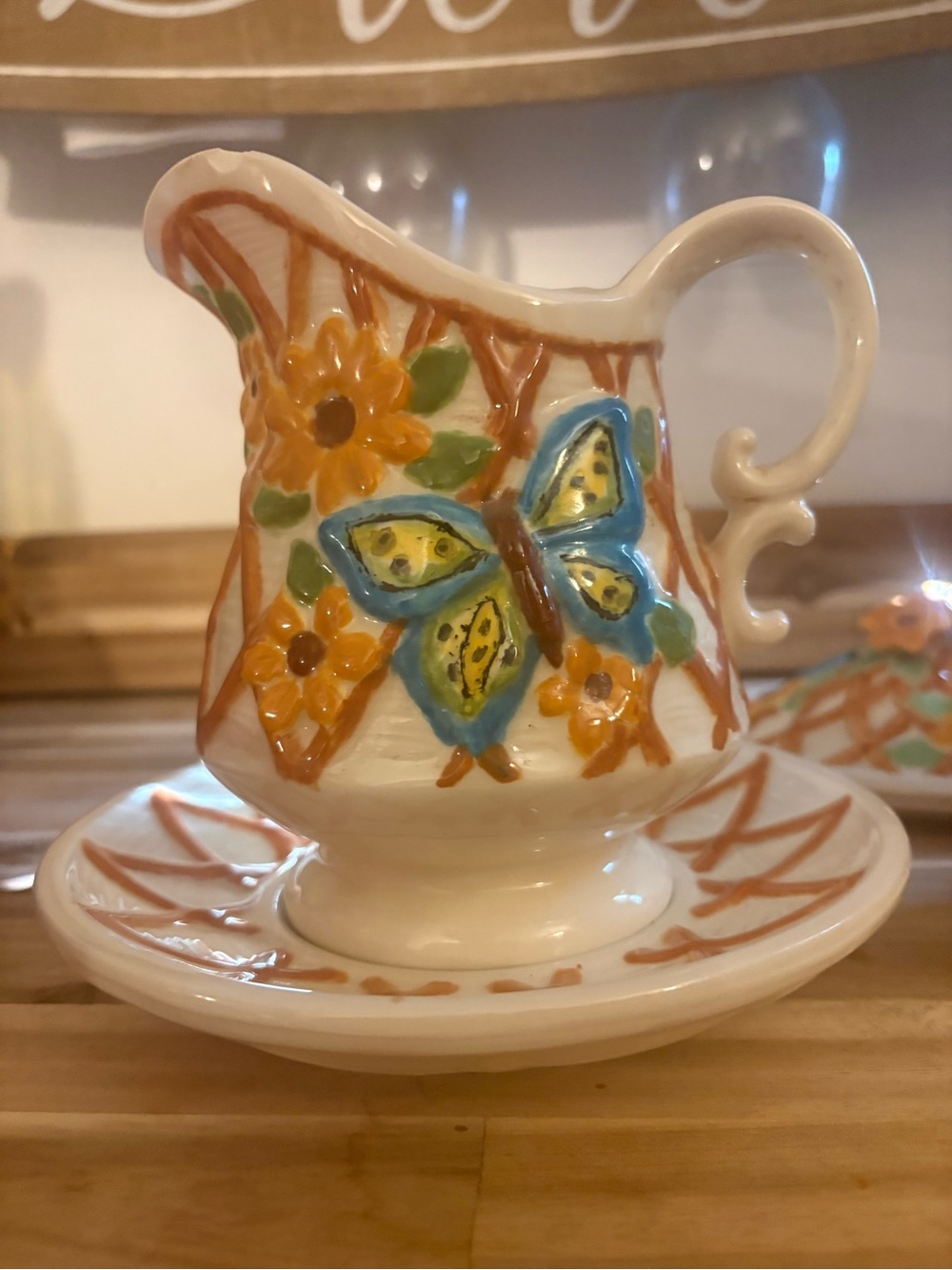 White Ceramic Butterfly & Floral Pitcher - Decorative Home Art